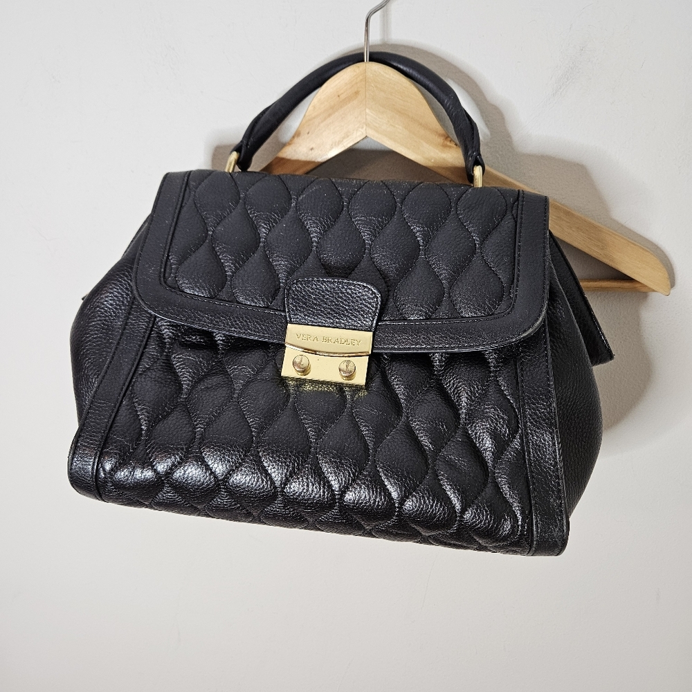 Vera Bradley Quilted Leather Stella Satchel Bag Black Pebbled Gold Buckle